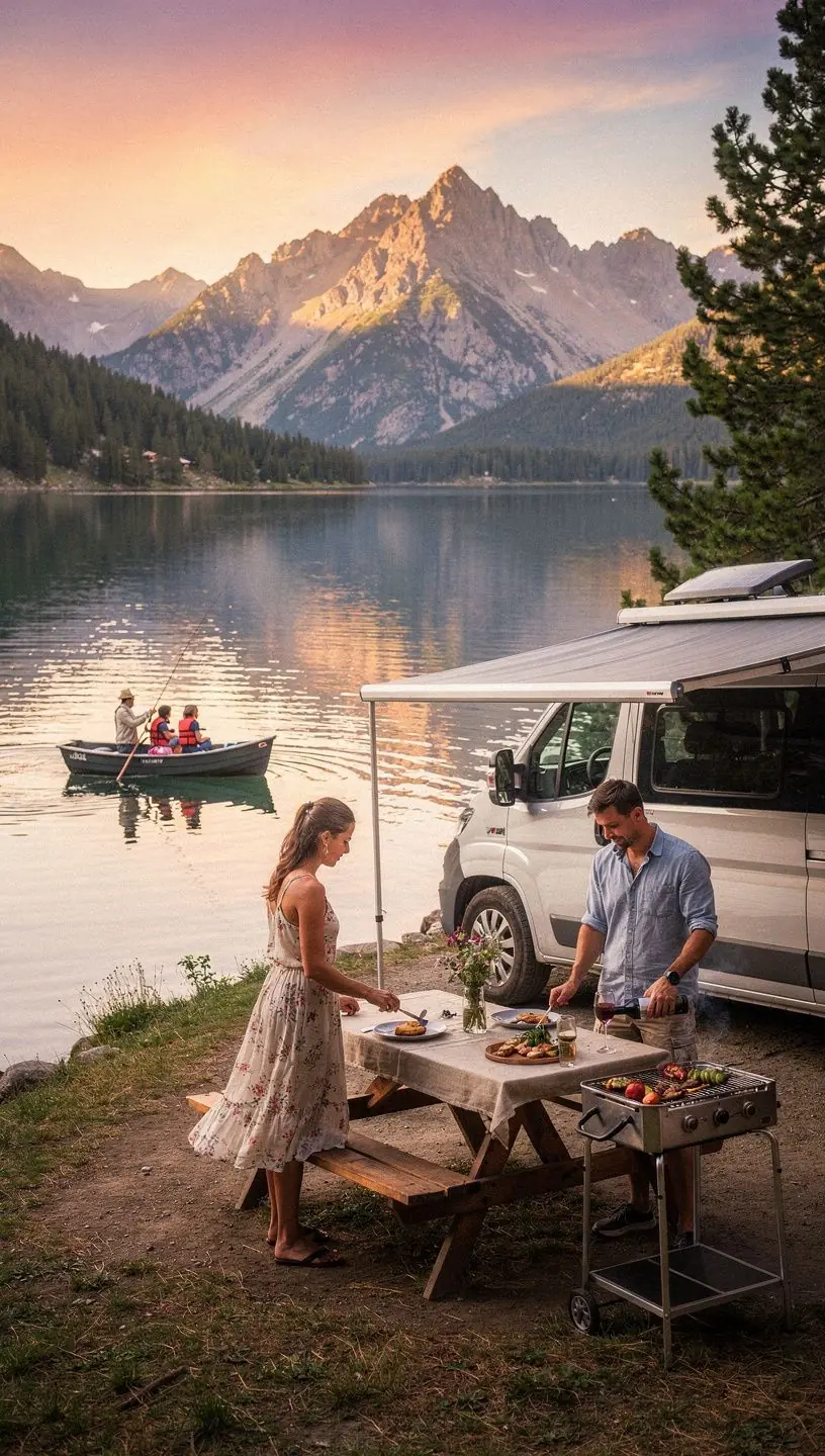 Водитель осматривает кемперван перед началом длительного путешествия по США